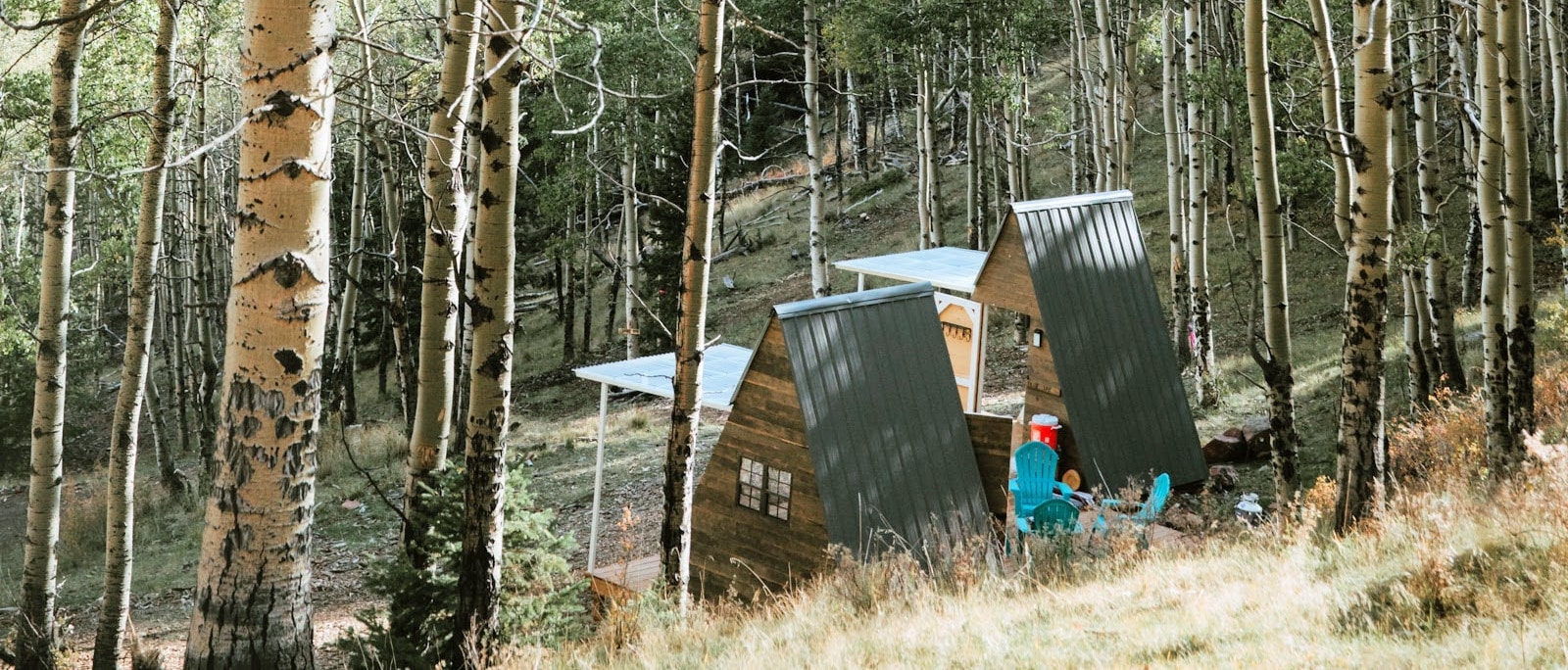 A modern cabin with angled metal roofs sits among tall trees in a forested area, with outdoor chairs arranged beside it.